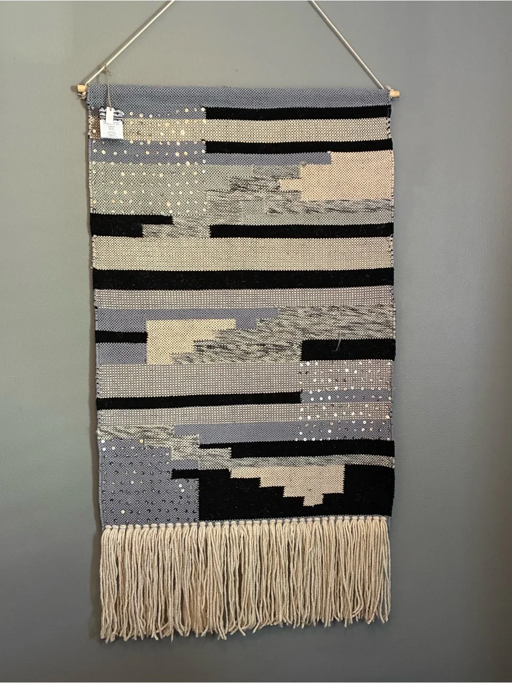 New. Wool Handwoven Boho Geometric Wall Hanging Decor - Beige, Gray & Black